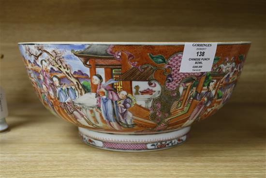 A Chinese famille rose mandarin pattern punch bowl, Qianlong period, diameter 32.5cm, chipped and cracked